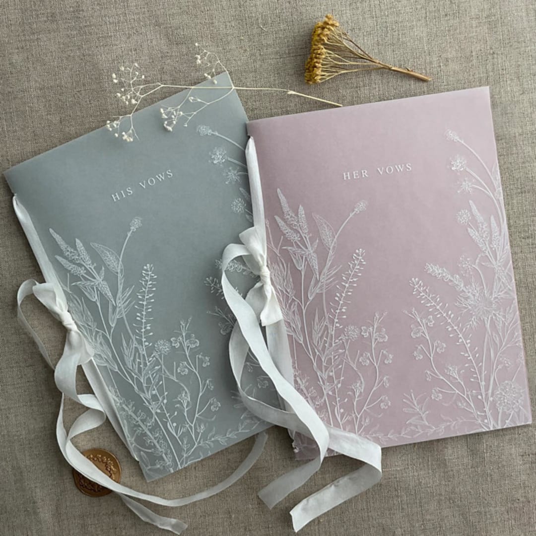 "Sage and Old rose English botanical garden Vow Books 5x7 inches White ink PRINT vellum cover | SET of 2 books | includes 1 her vows and 1 his vows" - Wedding Vow Books in pink by Ivory Invitations