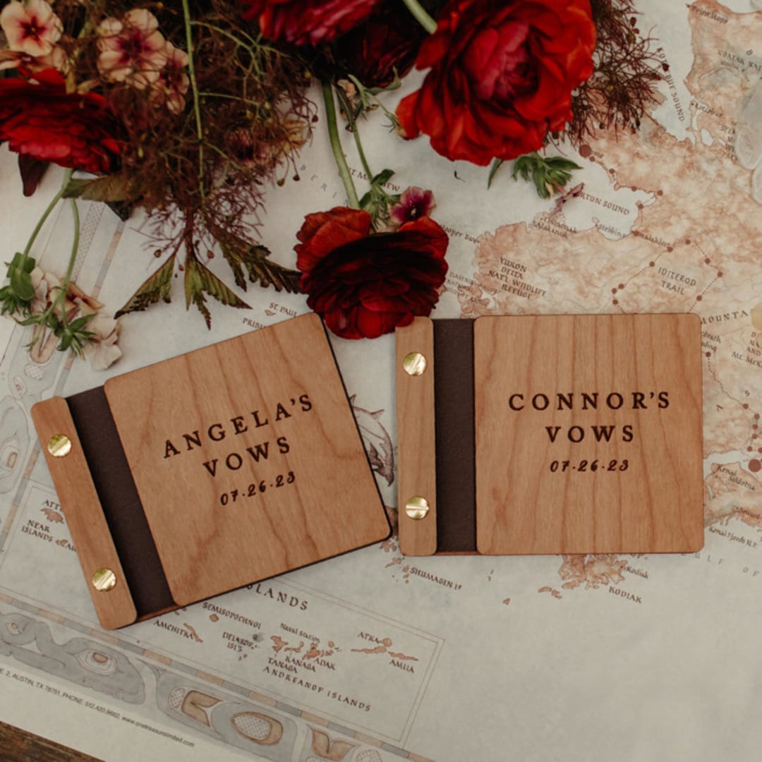 "His and Her Burgundy Wedding Vow Books | Cherry Wood | 4” x 5” | Set of 2" - Wedding Vow Books in purple by Katrina Mejia