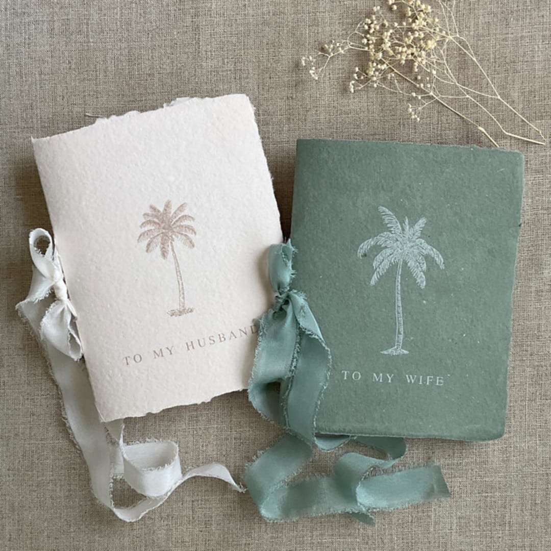 "Palm trees beach Wedding vow books | SET of 2 books | includes 1 her vows and 1 his vows" - Wedding Vow Books in green by Ivory Invitations