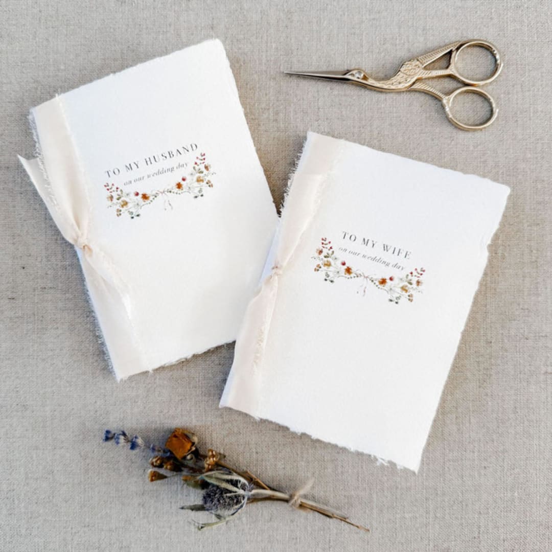"Floral Boquet Vow Books - Set of 2" - Wedding Vow Books in beige by Jen Simpson