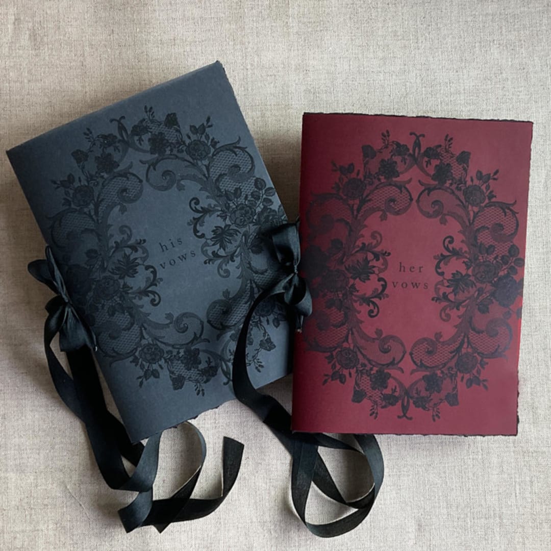 "Black floral lace print black and burgundy vellum covered vow books | SET of 2 books | includes 1 her vows and 1 his vows" - Wedding Vow Books in black by Ivory Invitations