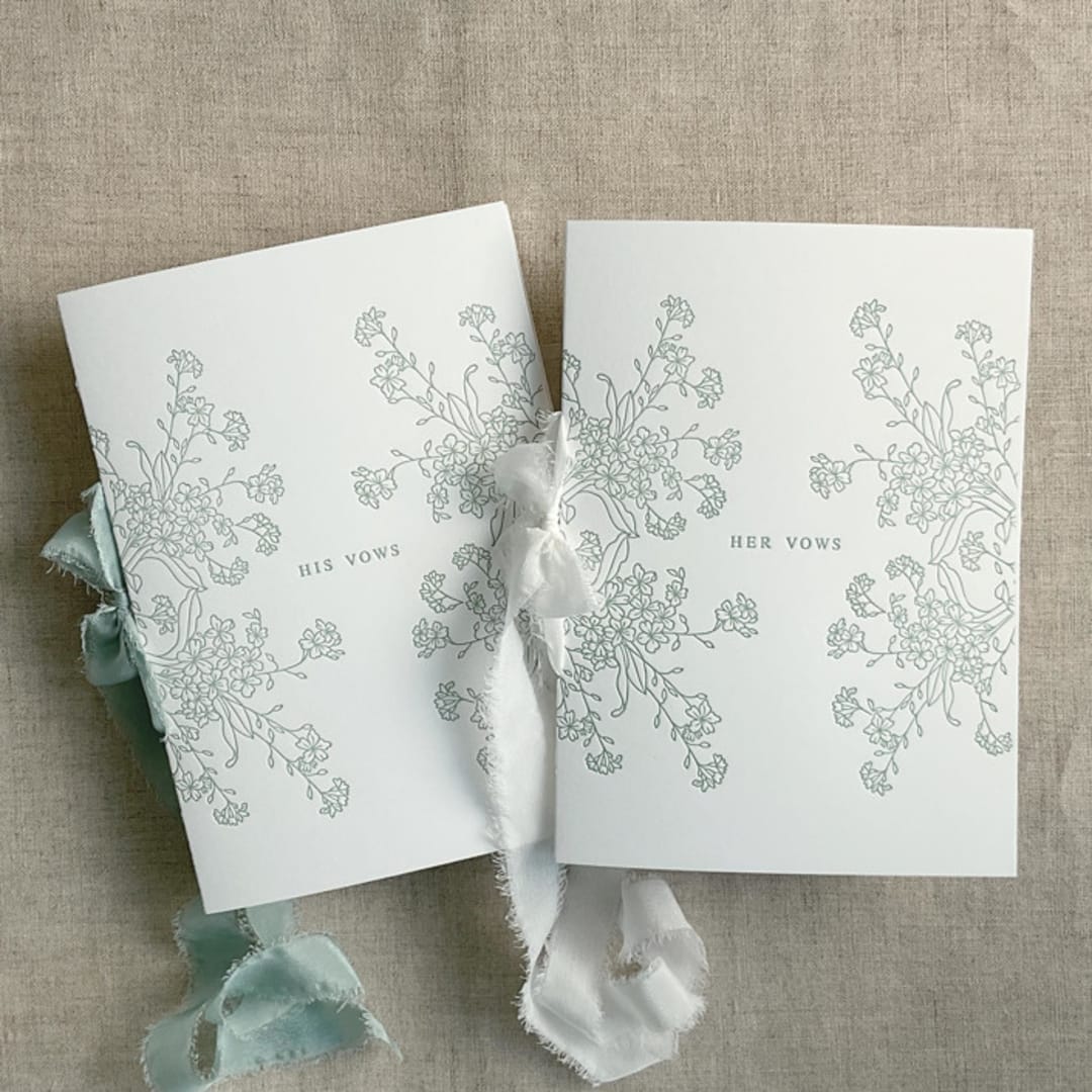 "Sage adorable flowers vow book | SET of 2 books | includes 1 her vows and 1 his vows" - Wedding Vow Books in green by Ivory Invitations