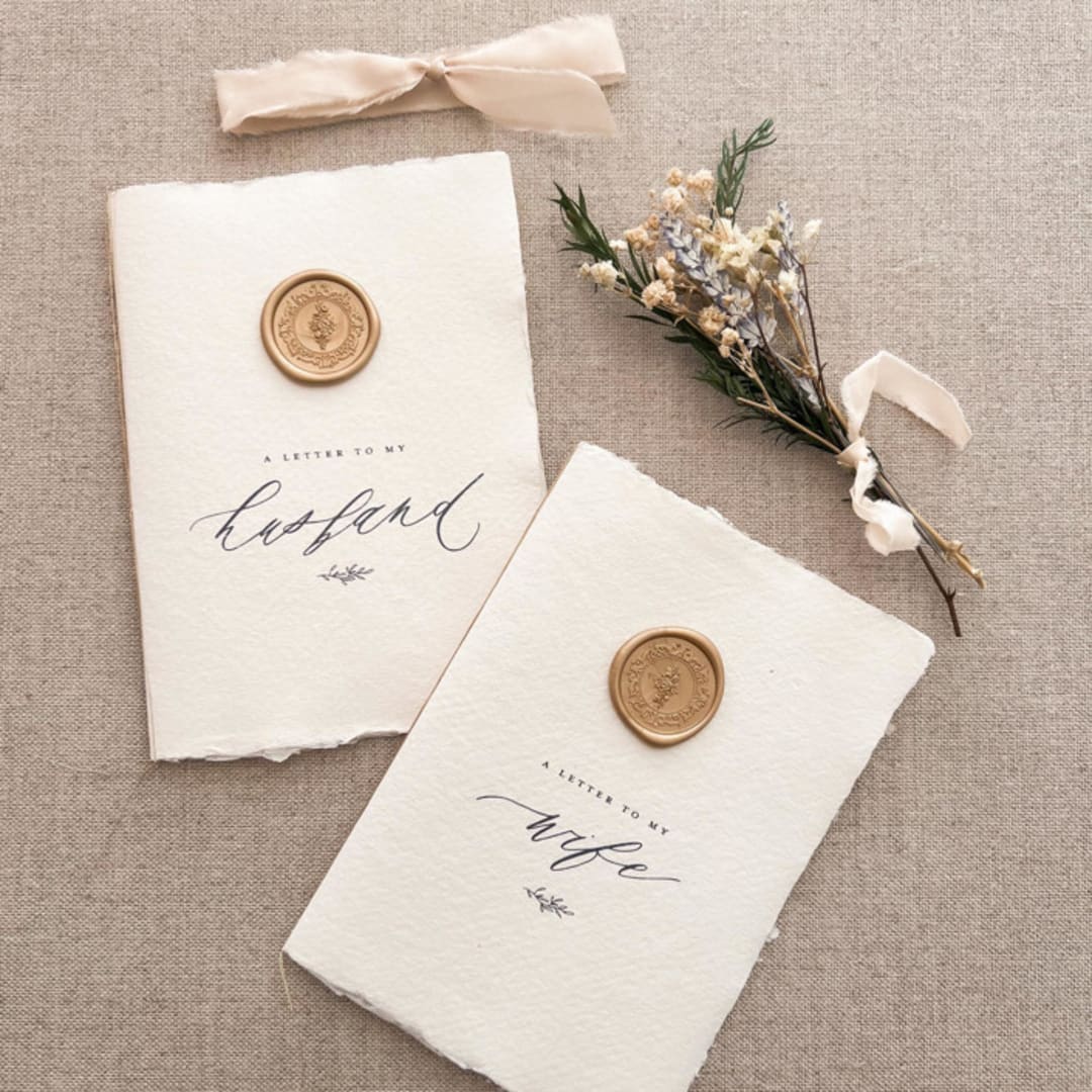 "Wax seal His and Hers Vow Book Set - Ivory and Gold" - Wedding Vow Books in natural by Jen Simpson