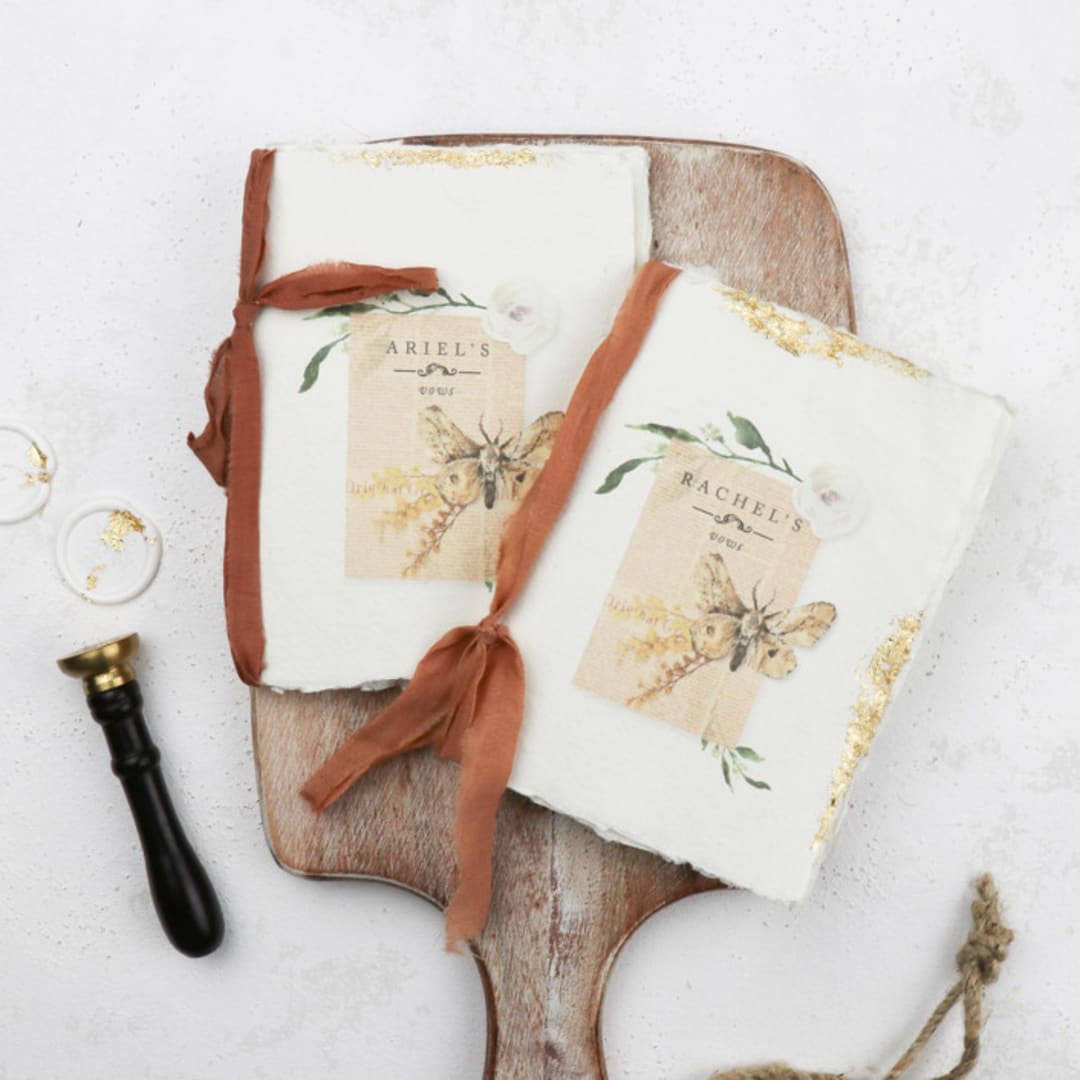 "Vintage Moth Custom Wedding Vow Book | Set of 2 | Size 6x4.125" - Wedding Vow Books in multicolor by Clove and Cedar Design