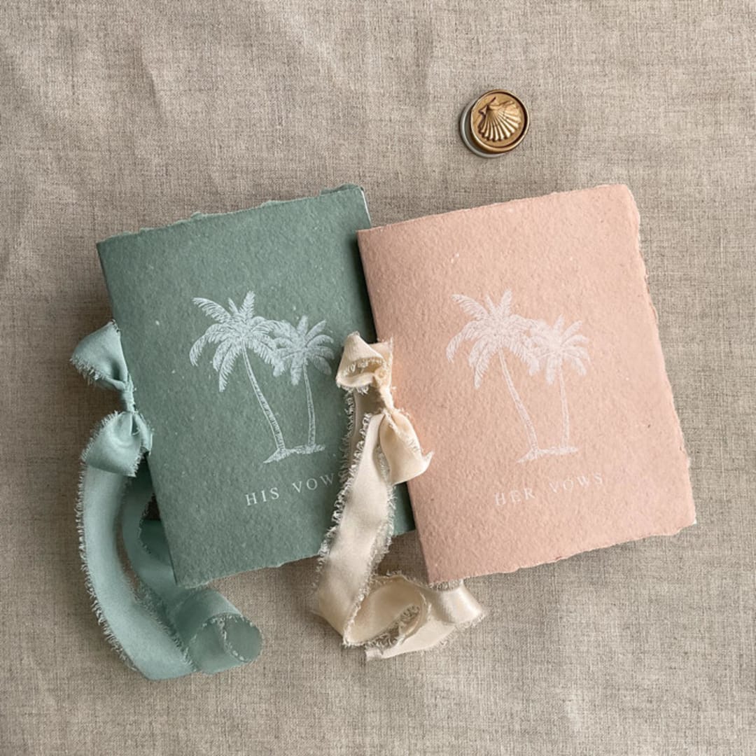 "Double palm tree tropical wedding vow books | SET of 2 books | includes 1 her vows and 1 his vows" - Wedding Vow Books in green by Ivory Invitations