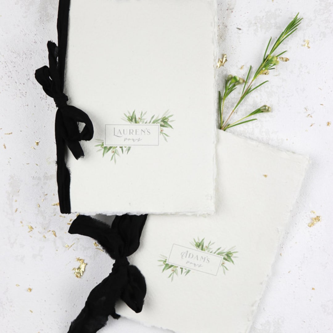 "Olive Branch Frame Vow Book | Set of 2 | Size 6x4.125" - Wedding Vow Books in green by Clove and Cedar Design