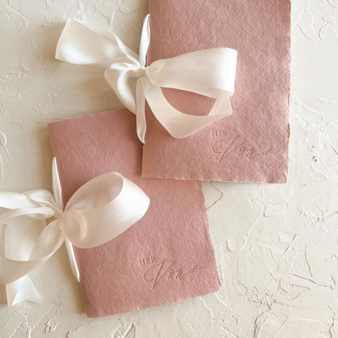 "HIS & HERS Vow Books | letterpressed with silk ribbon - terracotta" - Wedding Vow Books in beige by Cara Jo Knapp