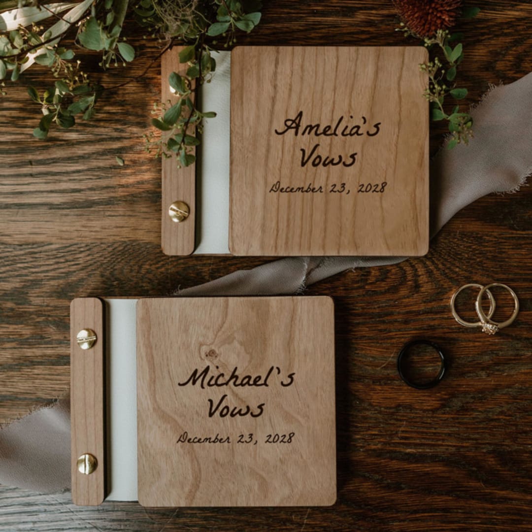 "Classic Script Vow Books | Cherry Wood | Set of 2" - Wedding Vow Books in brown by Katrina Mejia