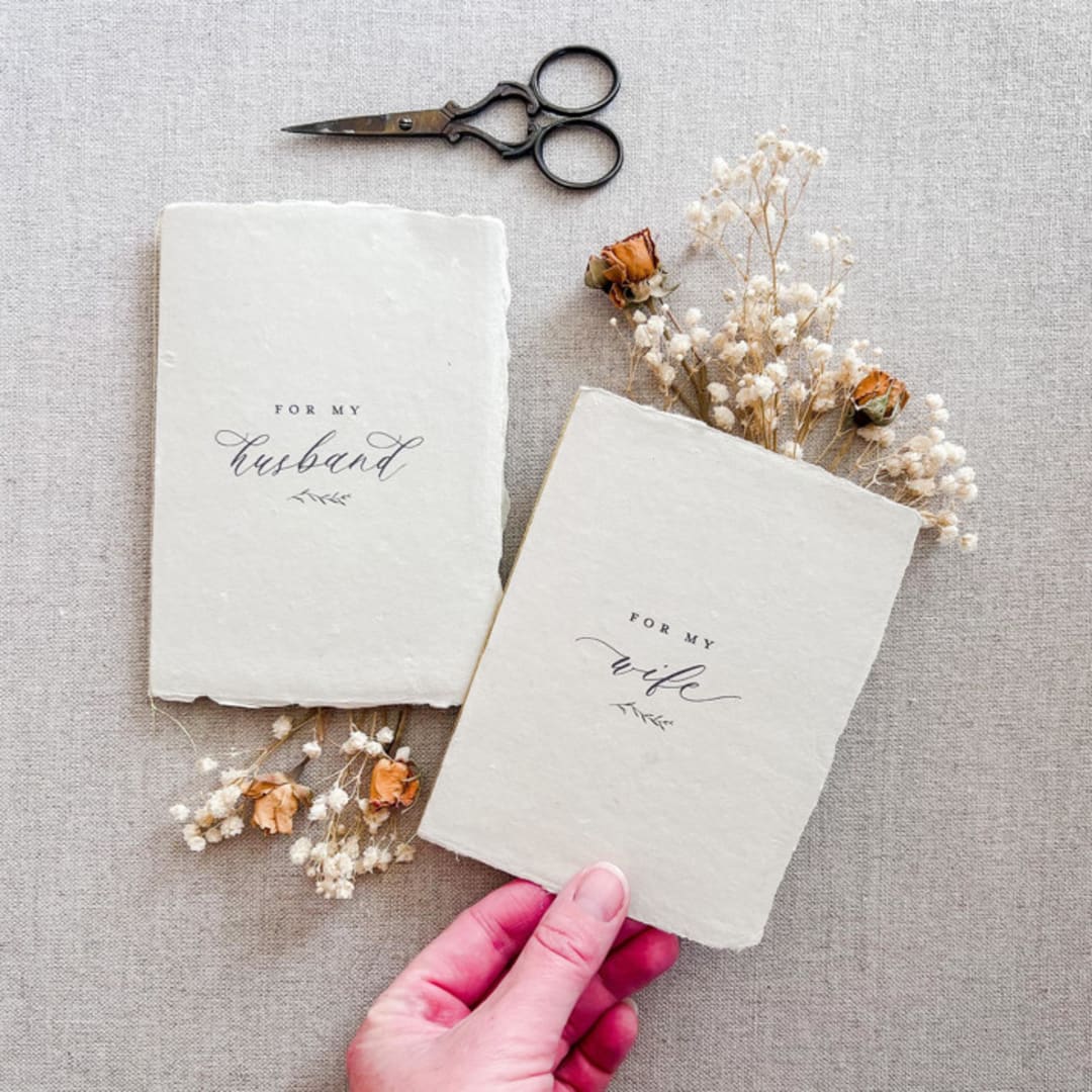 "For My Husband / Wife Vow Book Set - Grey tonal with thread" - Wedding Vow Books in gray by Jen Simpson