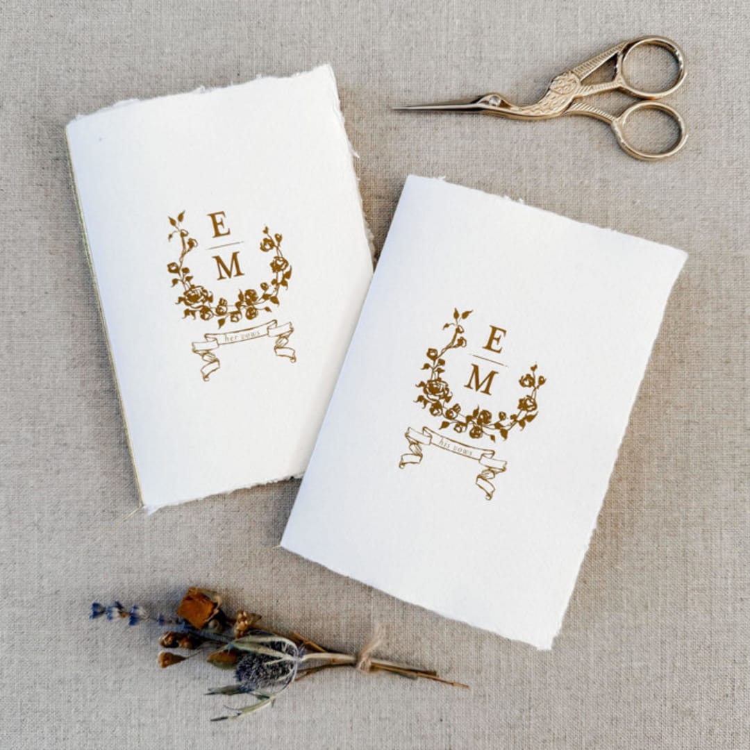 "Floral Monogram His and Hers Vow Books - Set of 2" - Wedding Vow Books in beige by Jen Simpson