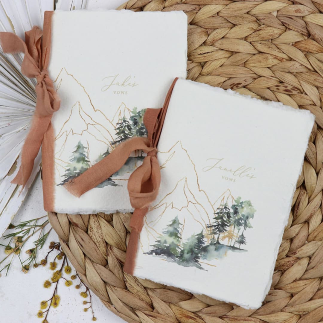 "Mountain Forest Vow Book | Set of 2 | Size 6x4.125" - Wedding Vow Books in green by Clove and Cedar Design