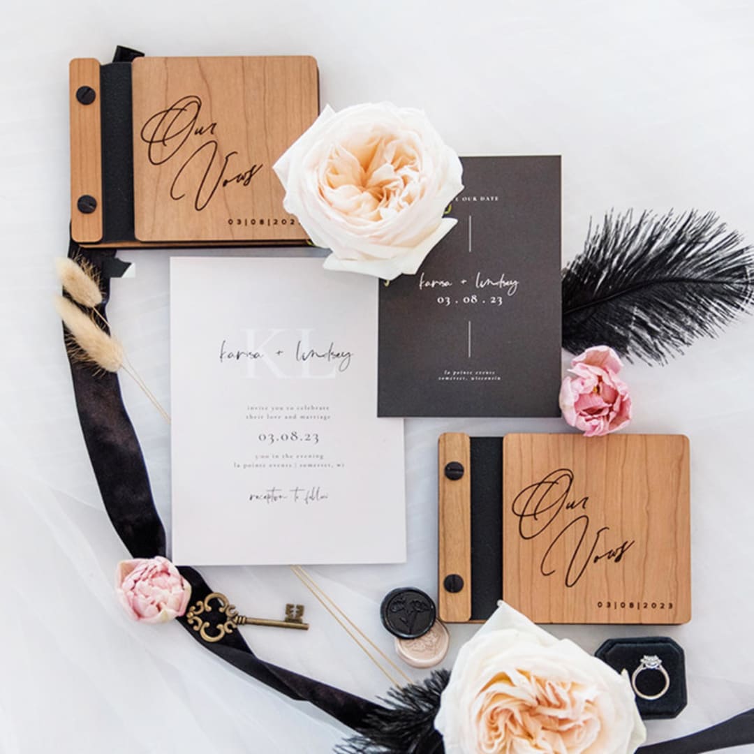 "Elegant Wedding Vow Books | Cherry Wood | 4 x 5 | Set of 2" - Wedding Vow Books in black by Katrina Mejia