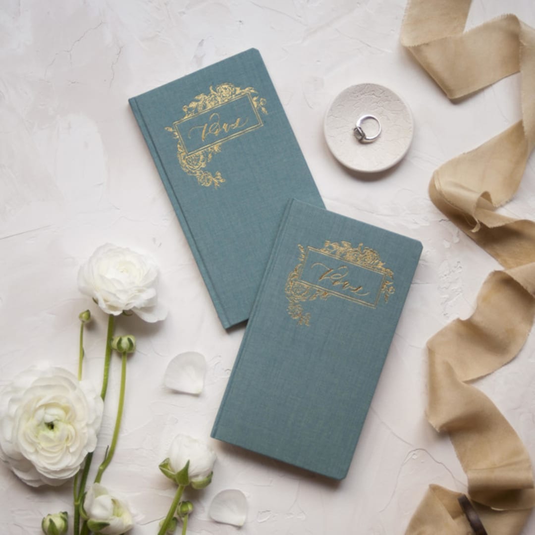 "Ocean Linen Gold Foilpress Wedding Vowbooks-Set of Vows" - Wedding Vow Books in blue by Ruth Jahja-Daro