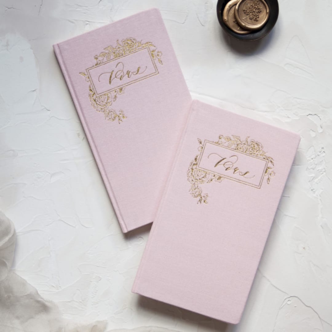 "Pink Linen Gold Foilpress Wedding Vowbooks-Set of Vows" - Wedding Vow Books in pink by Ruth Jahja-Daro