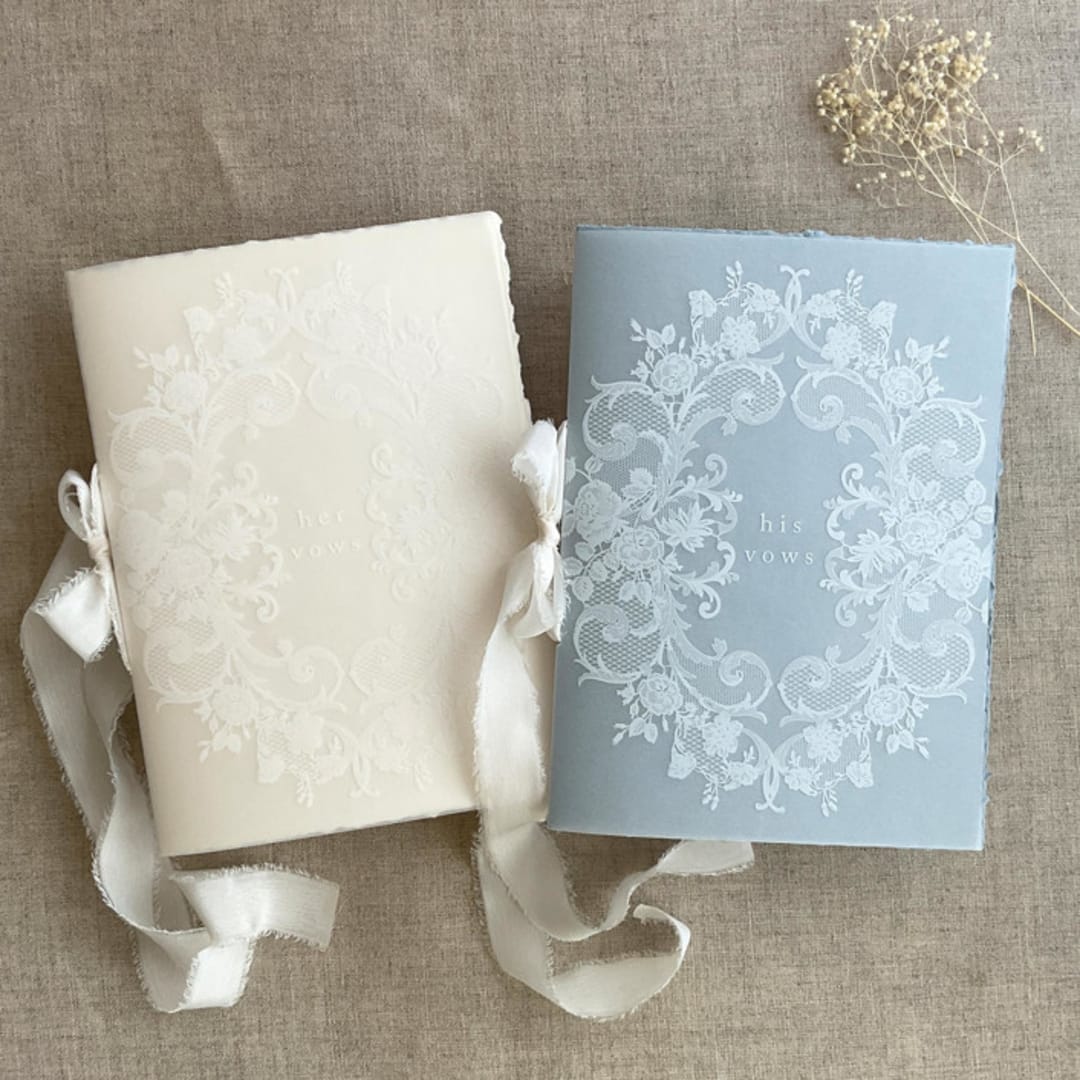 "White ink floral lace print vellum covered vow books | SET of 2 books | includes 1 her vows and 1 his vows" - Wedding Vow Books in blue by Ivory Invitations