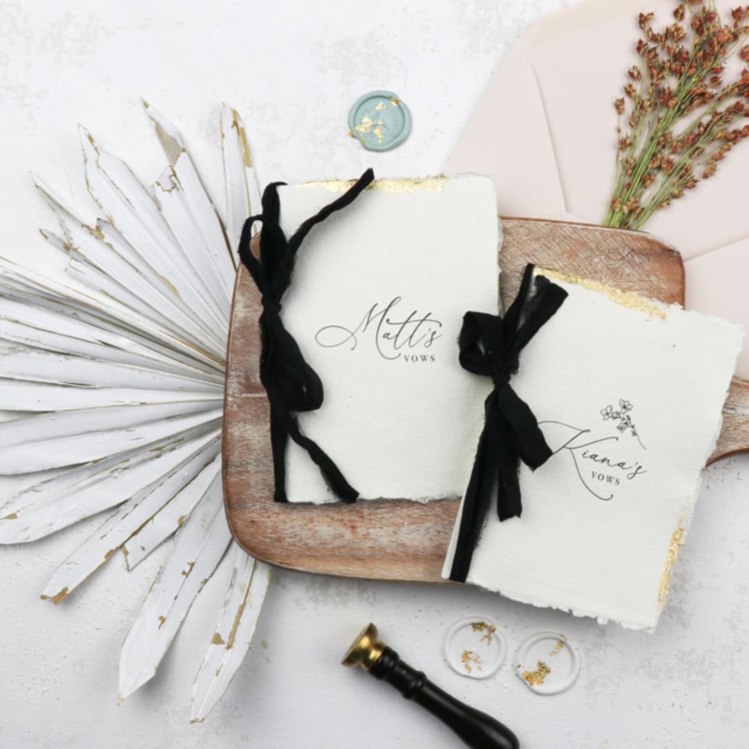"Gold Gilded Custom Name Vow Book | Set of 2 | Size 6x4.125" - Wedding Vow Books in black by Clove and Cedar Design