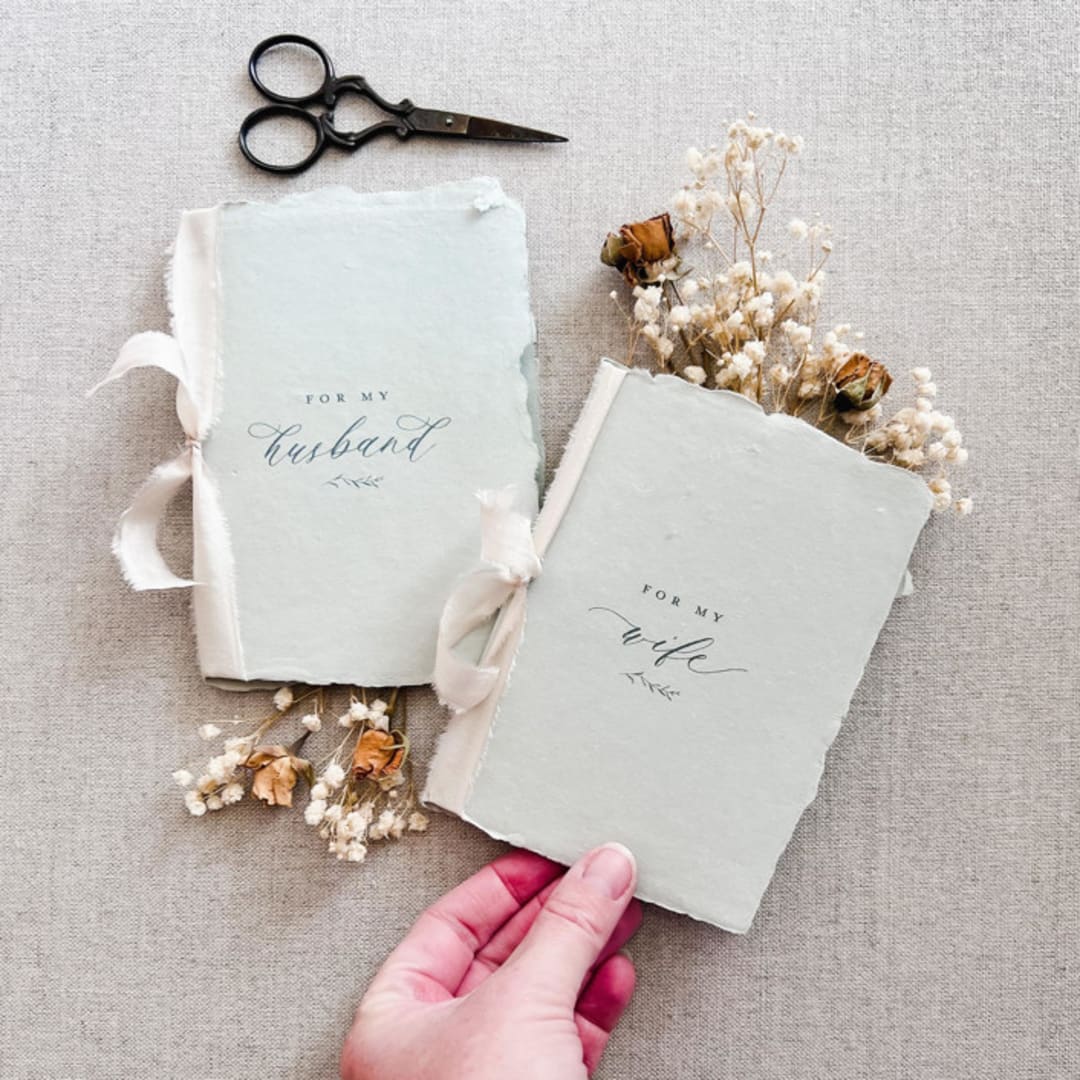 "For My Husband / Wife Vow Book Set - Lake with ribbon" - Wedding Vow Books in natural by Jen Simpson