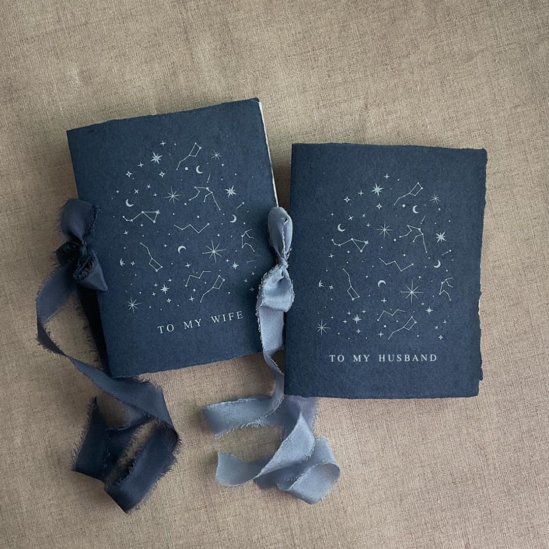 "Stella celestial wedding vow books navy | SET of 2 books | includes 1 her vows and 1 his vows" - Wedding Vow Books in blue by Ivory Invitations