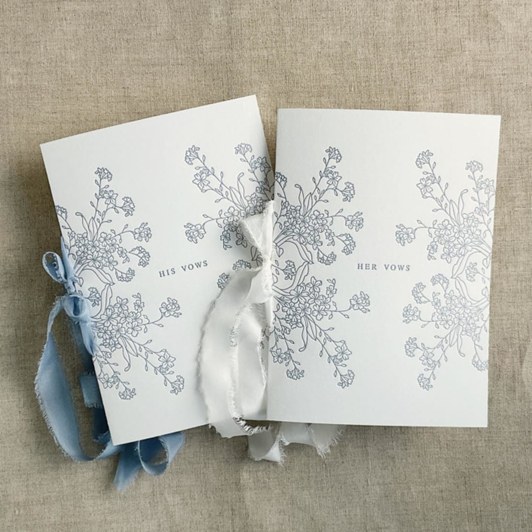 "Steel blue adorable flowers vow book | SET of 2 books | includes 1 her vows and 1 his vows" - Wedding Vow Books in blue by Ivory Invitations