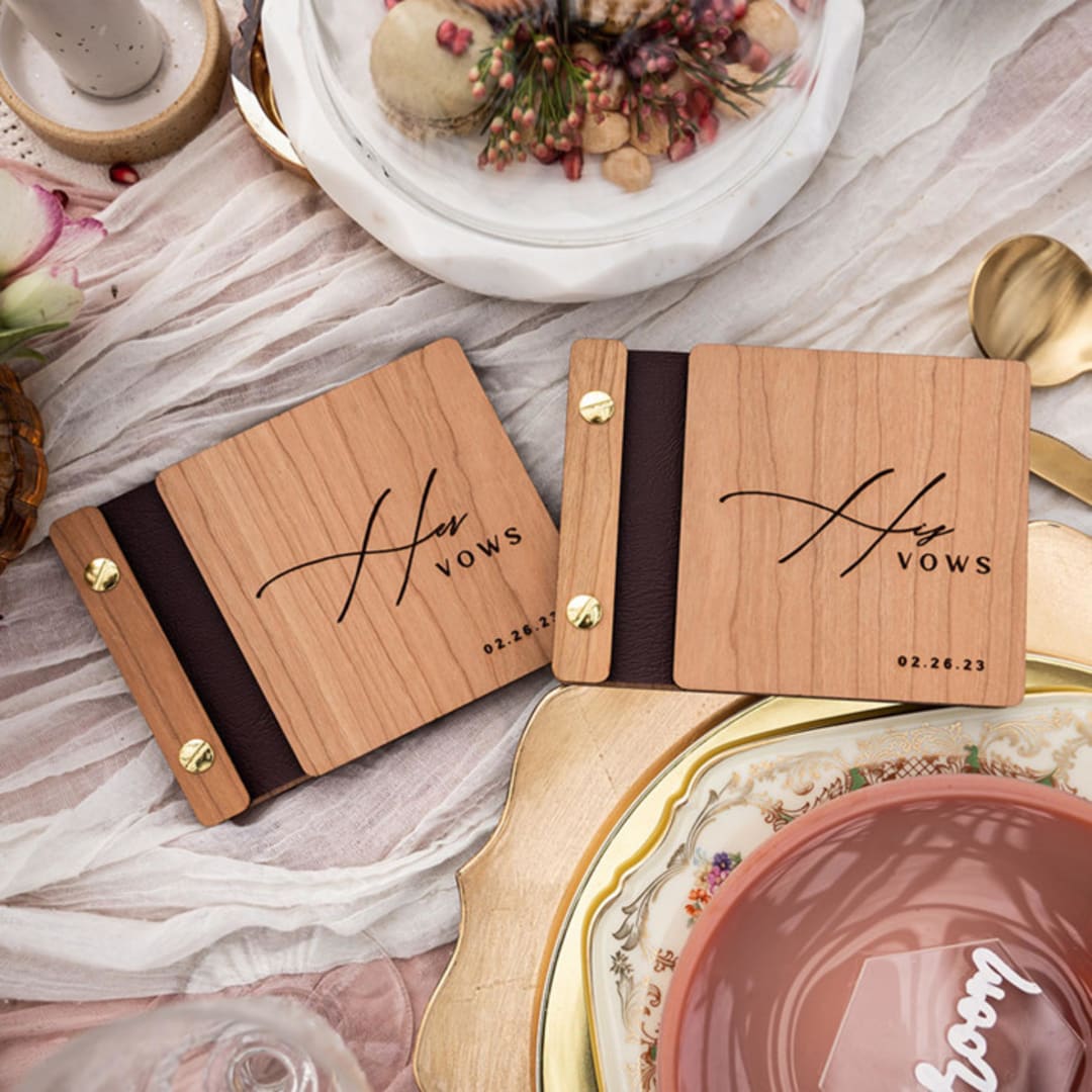 "His and Her Elegant Wedding Vow Books | Cherry Wood | 4" x 5" | Set of 2" - Wedding Vow Books in brown by Katrina Mejia