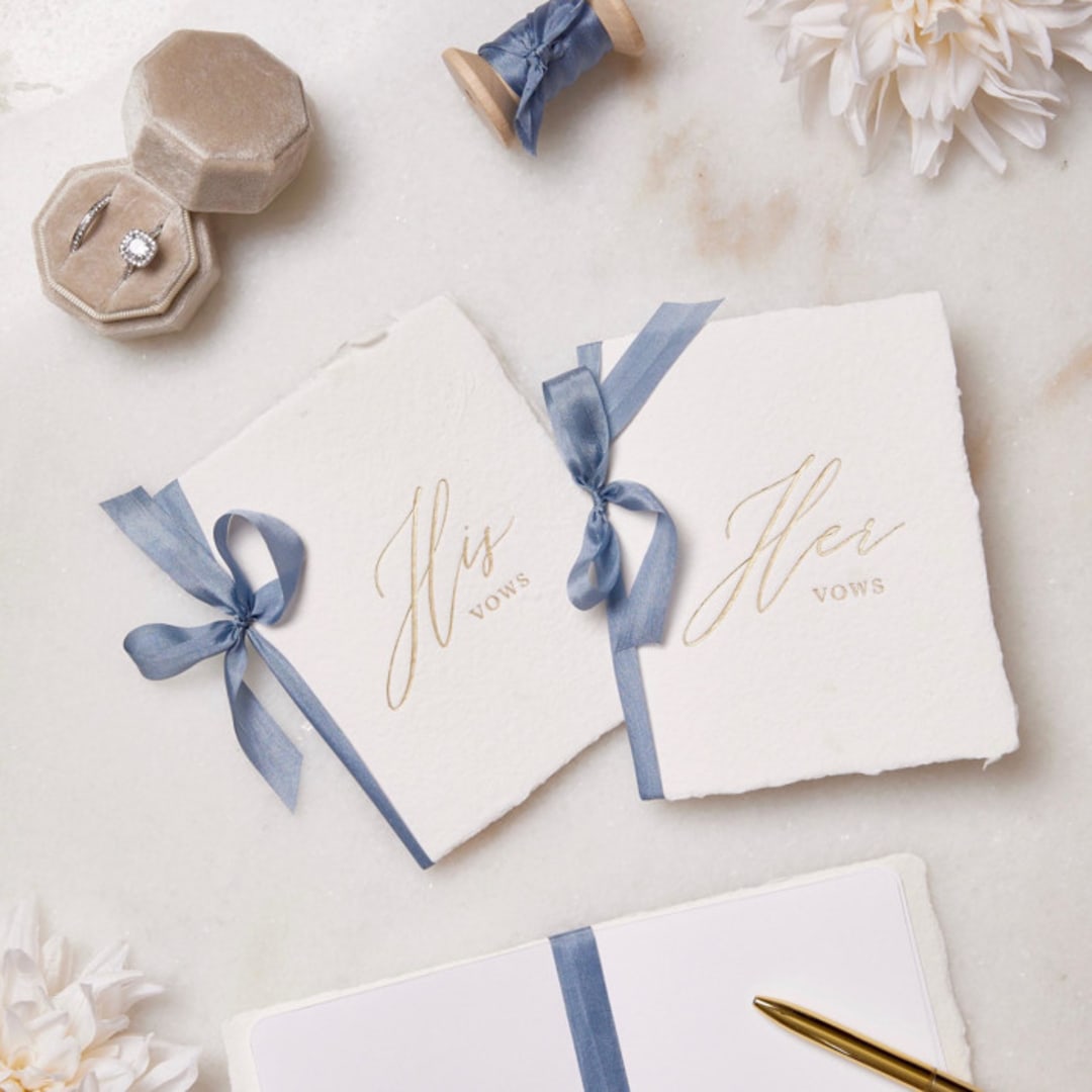"Handmade Paper Vow Books with French Blue Silk Ribbon" - Wedding Vow Books in natural by PAPER and LACE
