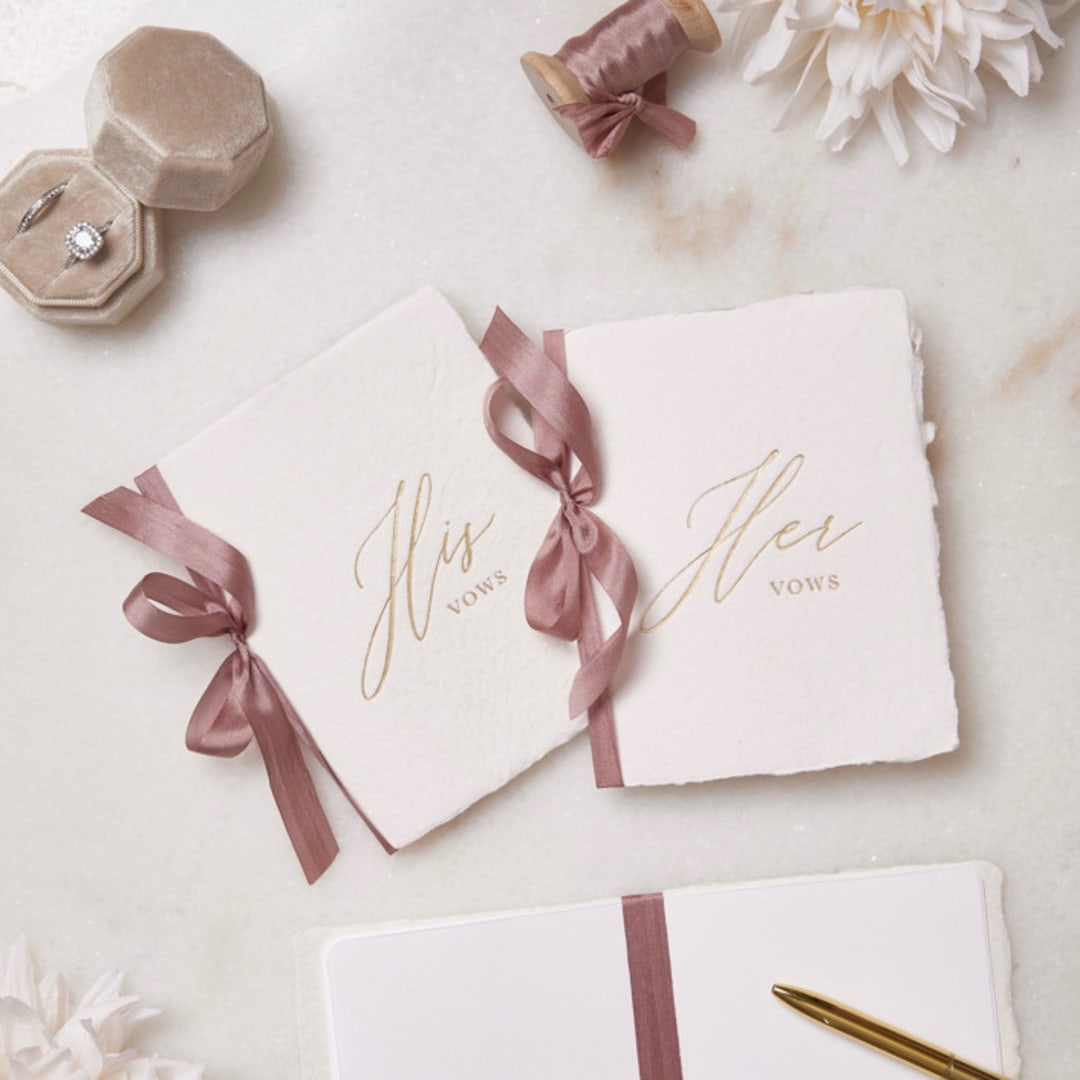 Handmade Paper Vow Books with Rosewood Silk Ribbon
