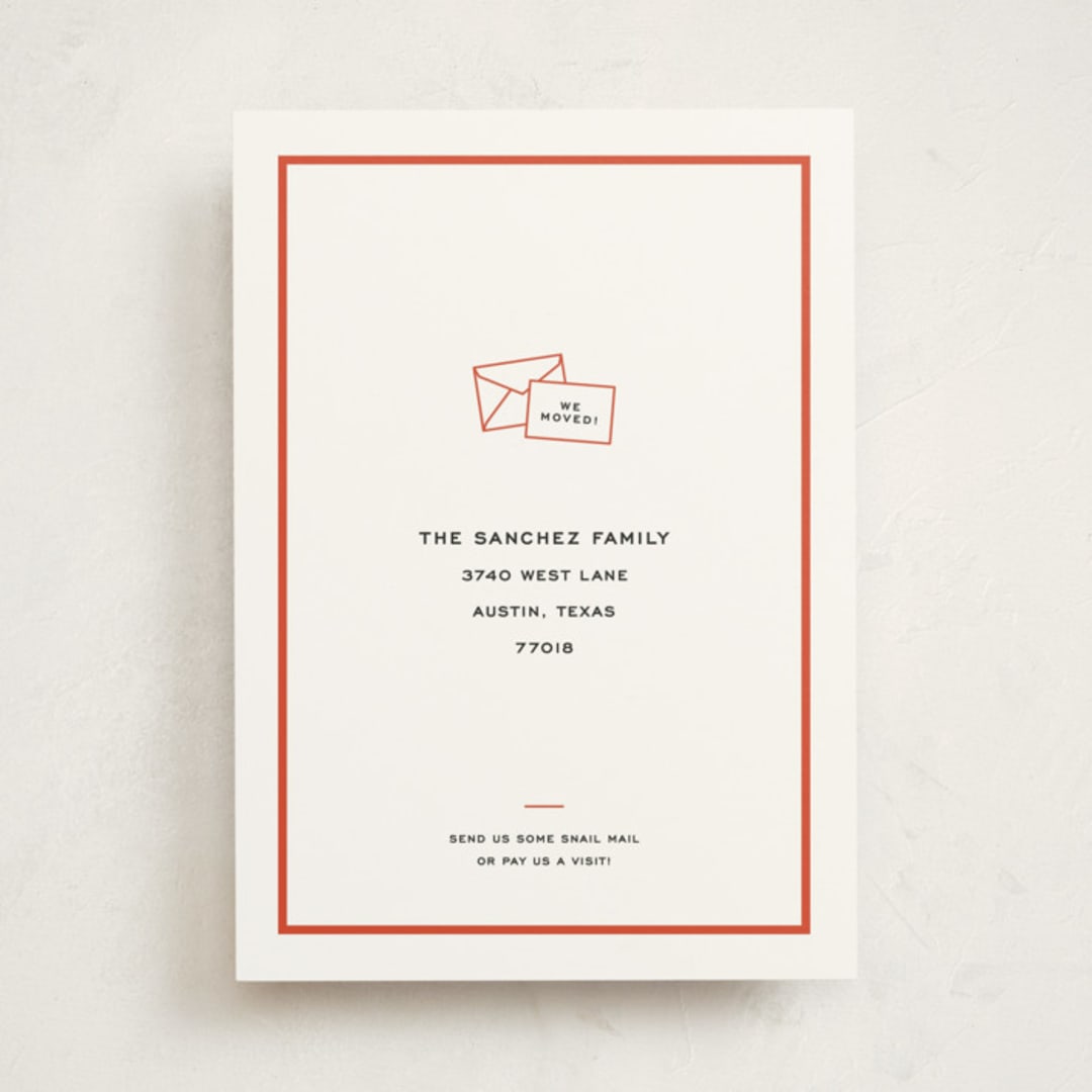 "Snail Mail" - Moving Announcements in Tomato by Megan Davis - Front