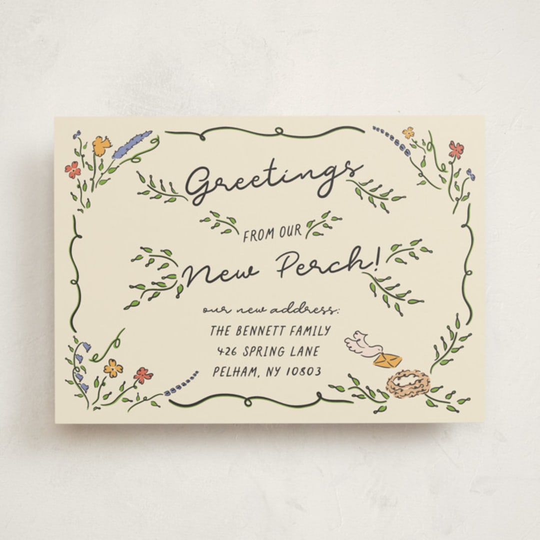 "New Perch Greetings" - Moving Announcements in Black Dahlia by Sarah Rosenthal - Front