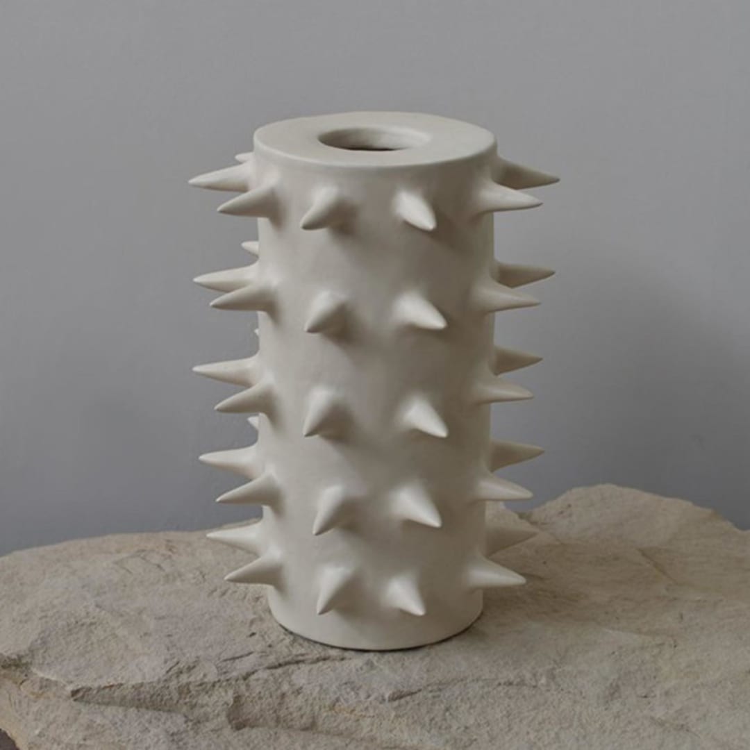 "Handmade Spikes Tall White Ceramic Vase IV" - Vases in beige by OWO Cerámica