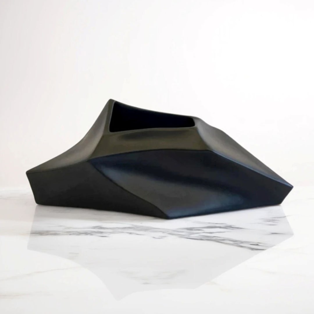 "Ceramic Decorative Sculptural Vase - Matt Black Geo Flat" - Vases in black by DinaDecor