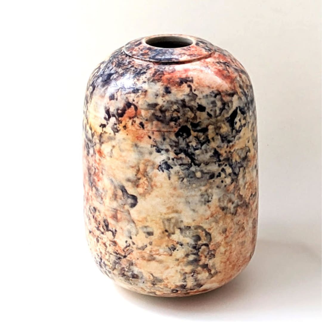 "one-of-a-kind hand thrown and hand painted bud vase - orange, gold and black" - Vases in multicolor by Liz Vigoda