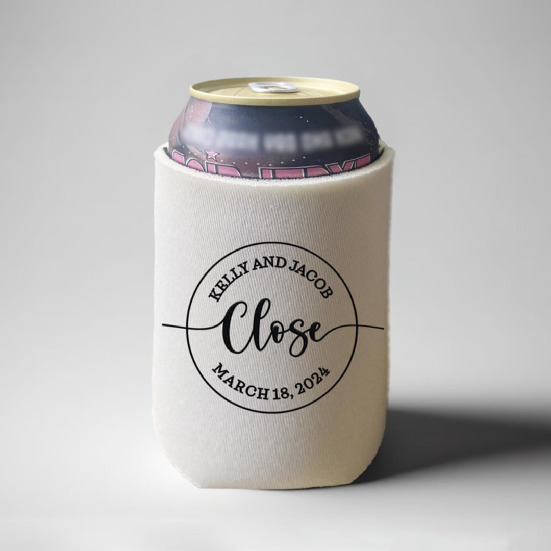 Custom Circle last name wedding can coolers, set of 50