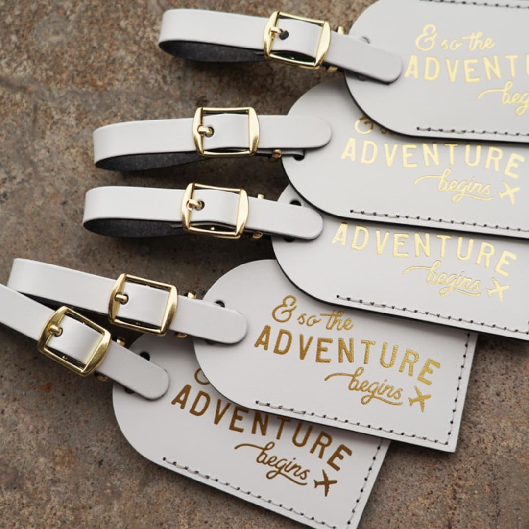 "& So the Adventure Begins Luggage Tags | White, Quantity of 5" - Favors in white by Melanie Fletcher