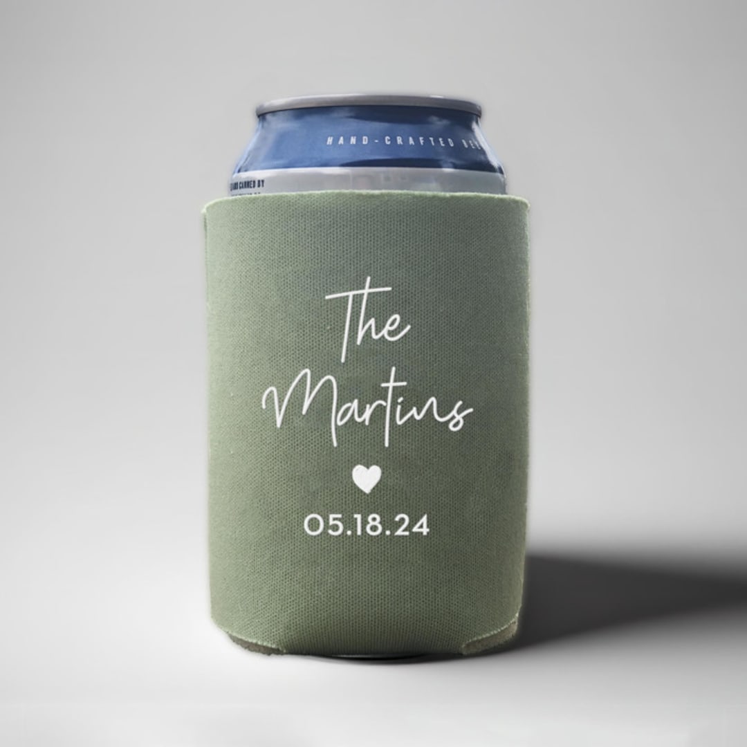"Custom Styled Script custom can coolers, set of 50" - Favors in beige by Rook Design Co