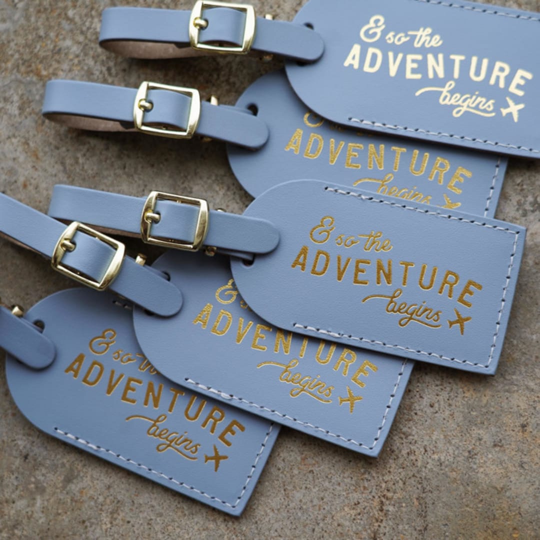 "& So the Adventure Begins Luggage Tags | Dusty Blue, Quantity of 5" - Favors in blue by Melanie Fletcher