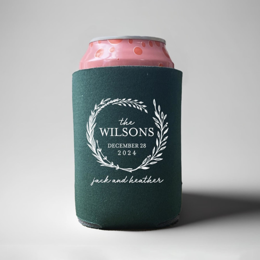 "Custom Wreath last name can coolers, set of 50" - Favors in black by Rook Design Co