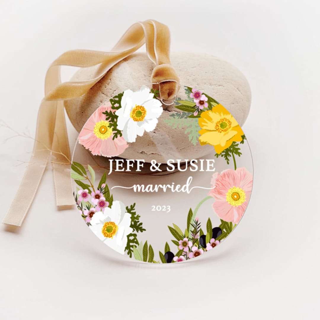 Personalized Acrylic Spring Poppies Married Ornament, Set of 1