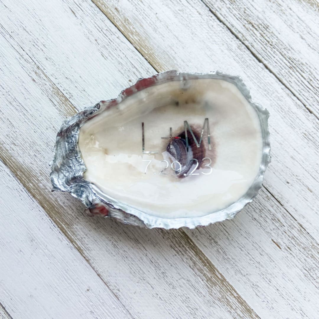 Personalized Silver Oyster Shell With Initials and Wedding Date in Block Font