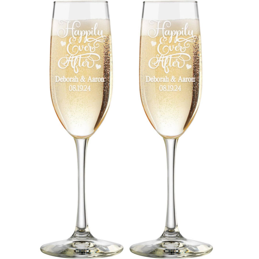 "Custom 8 oz Happily Ever After  Champagne Toasting Flutes - Set of 2" - Couple Gifts in clear by Great Little Favor Co