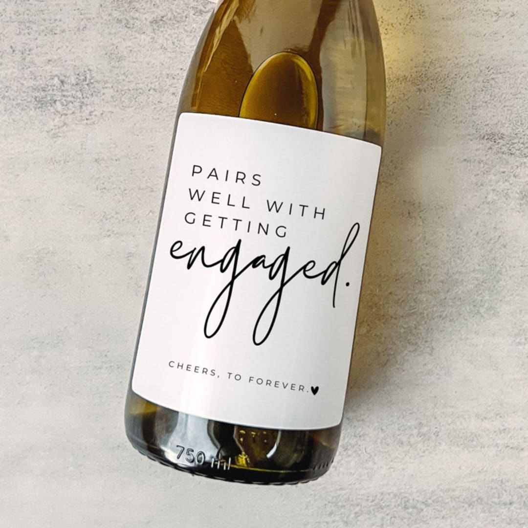 "Engagement Gift Wine Label | Pairs well with getting engaged" - Couple Gifts in white by The Pretty Little Mess