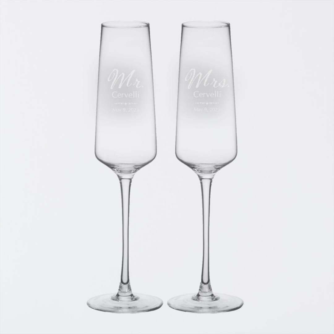 "Mr. and Mrs. Personalized Champagne Estate Glasses, Set of 2" - Couple Gifts in clear by Colin Supple