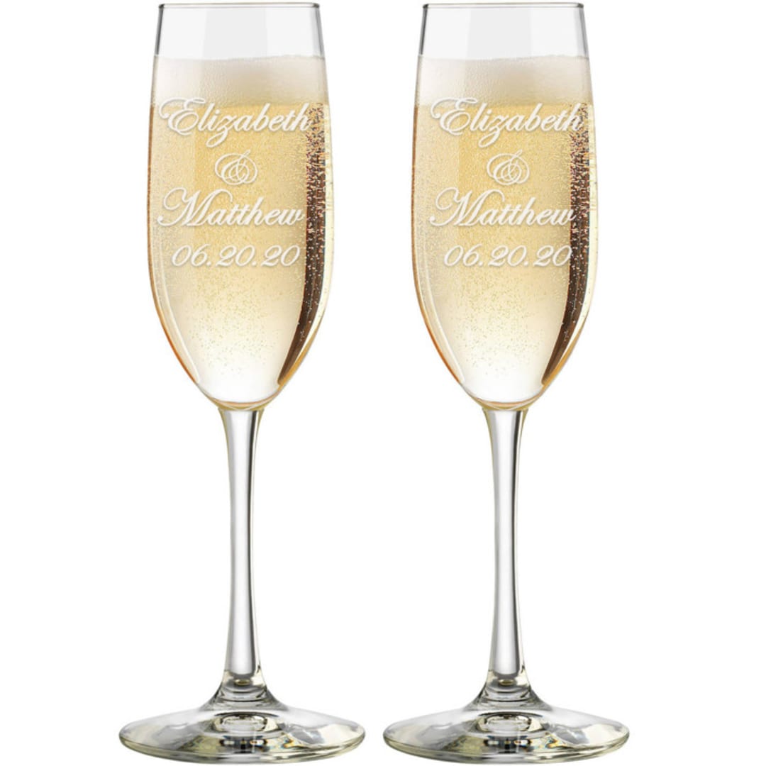 "Custom 8 oz Elegant Names Toasting Flutes - Set of 2" - Couple Gifts in clear by Great Little Favor Co