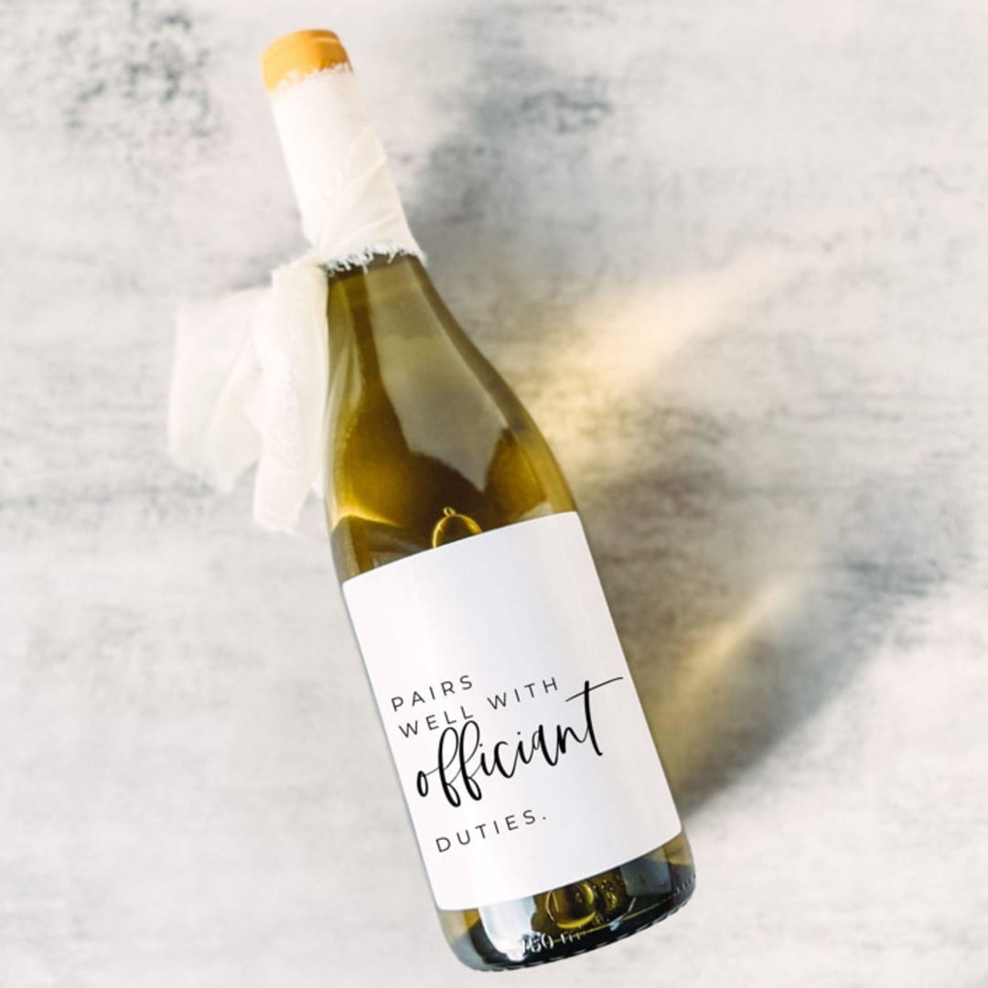 "Officiant Gift Wine Label | Pairs well with Officiant Duties" - Couple Gifts in white by The Pretty Little Mess