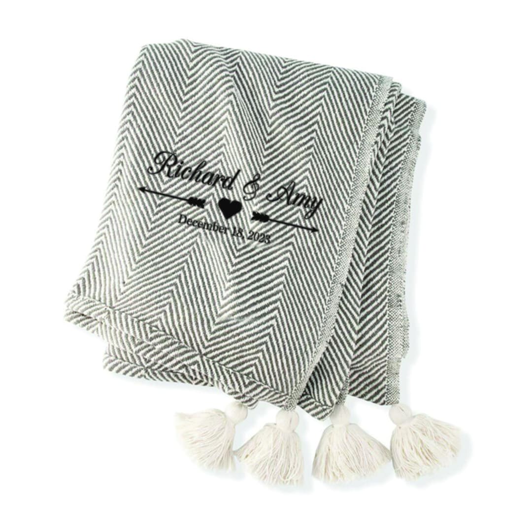 Embroidered Arrows and Heart Wedding Herringbone Pom Pom Throw Blanket