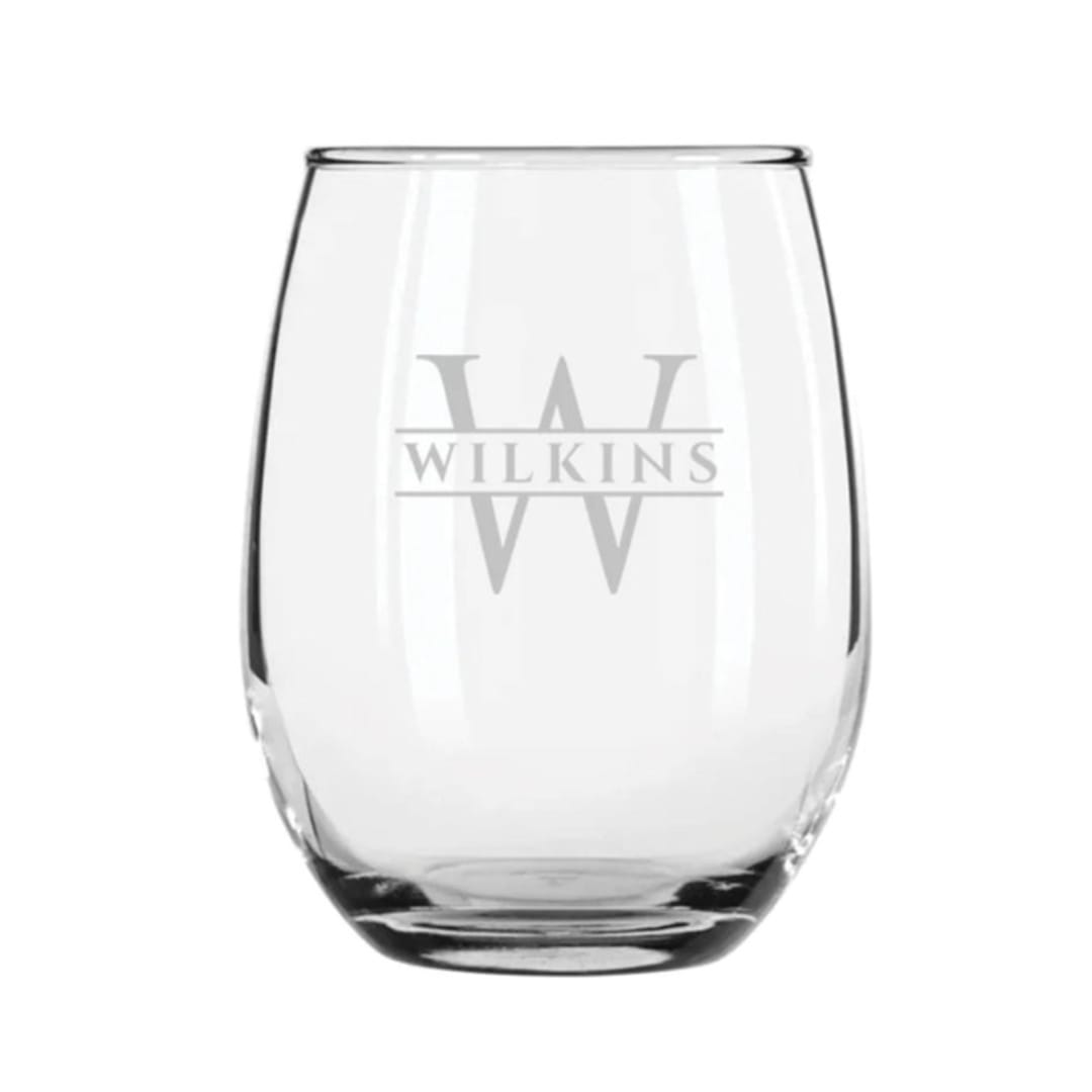"Custom Monogram Stemless Wine Glass" - Couple Gifts in clear by Papel Custom Design