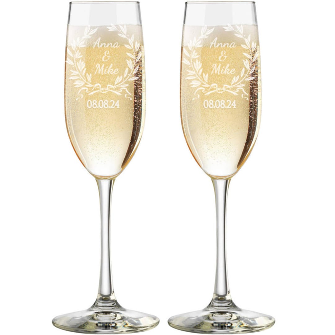 "Custom 8 oz. Laurel Wreath Toasting Champagne Flutes - Set of 2" - Couple Gifts in clear by Great Little Favor Co