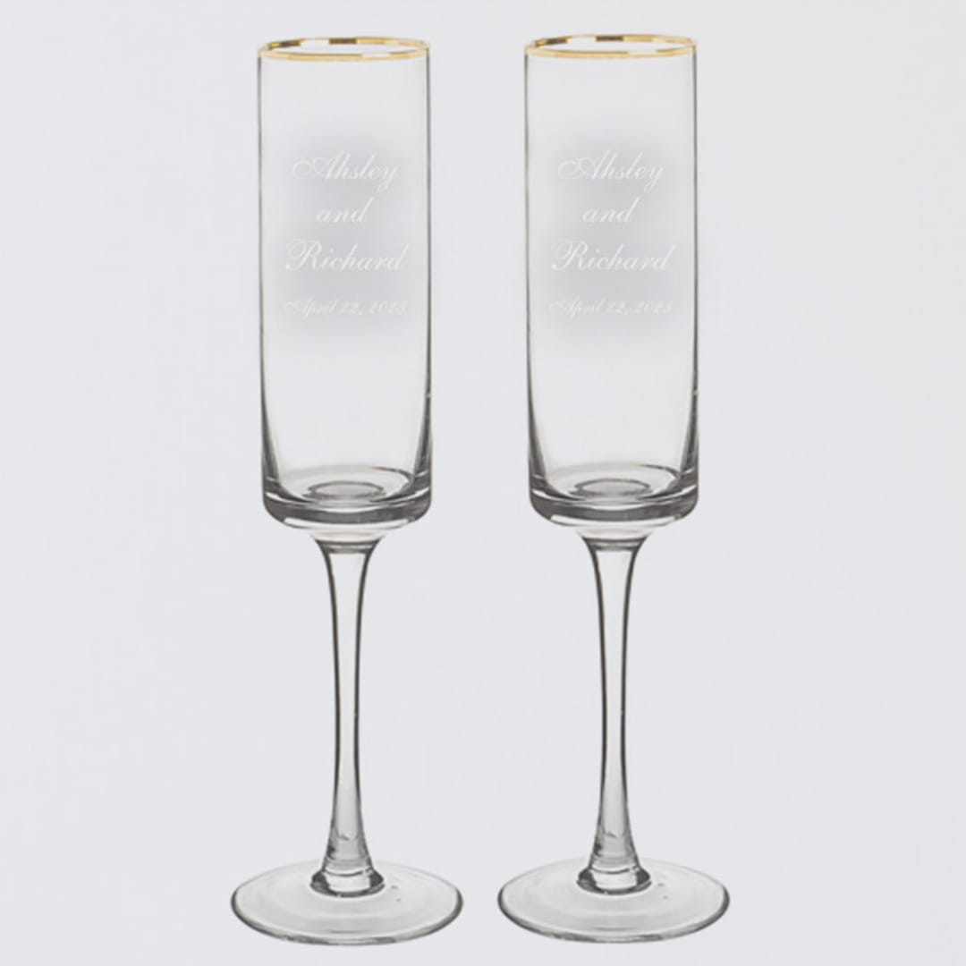 "Wedding Couple Personalized Gold Rim Champagne Flutes, Set of 2" - Couple Gifts in clear by Colin Supple
