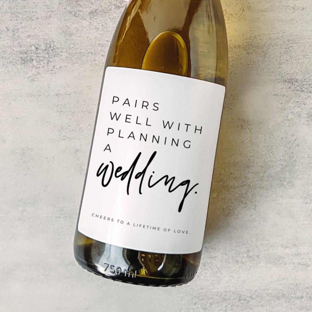 "Engagement Gift Wine Label | Pairs well with Wedding Planning" - Couple Gifts in white by The Pretty Little Mess