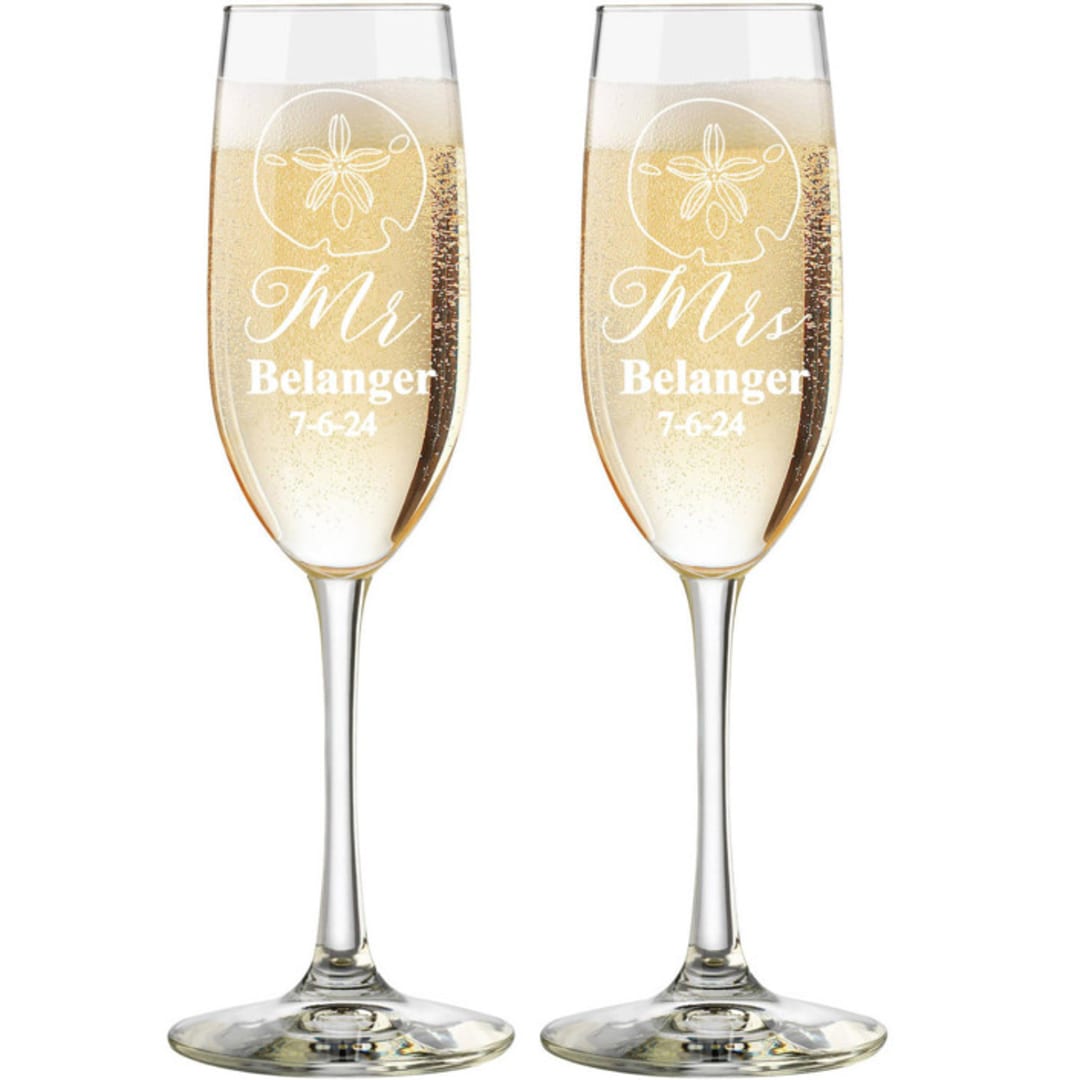 Bride and Groom Sand Dollar Toasting Flutes - Set of 2