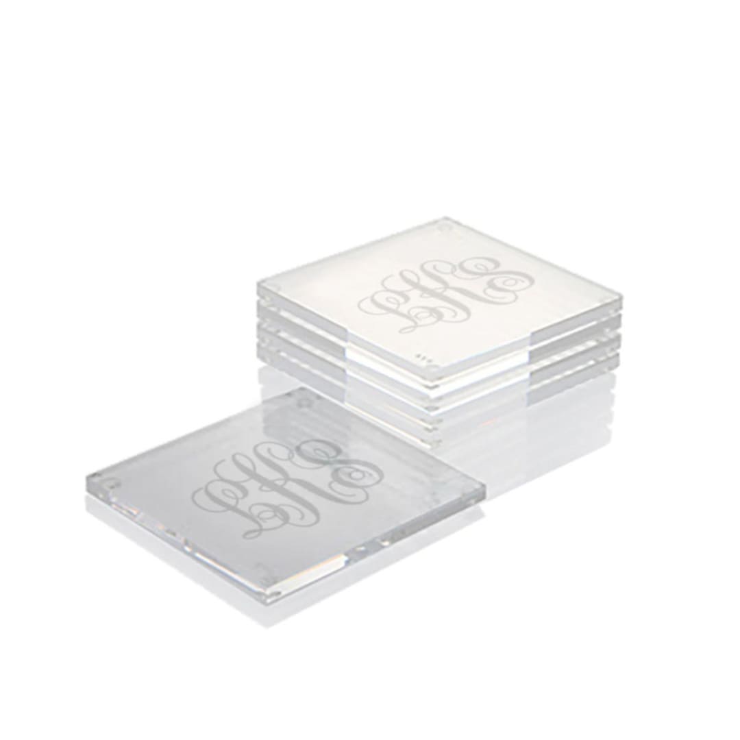Personalized Monogram Last Name Set of Four Square Frosted Engraved Acrylic Coaster Set